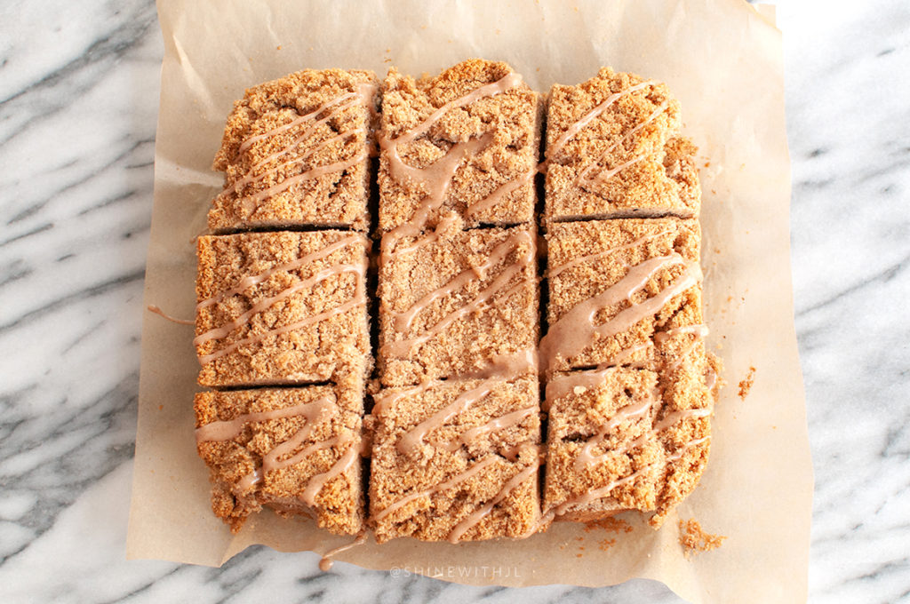 gluten-free-cinnamon-coffee-cake-bread-recipe-shinewithjl gluten free cinnamon coffee cake bread cut into thirds