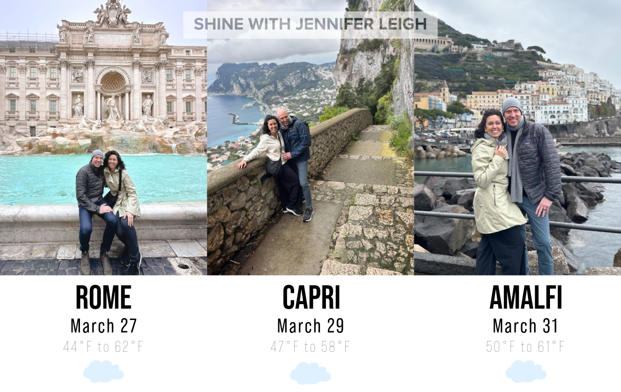 Italy spring weather outfit collage with images from Rome, Capri, and the Amalfi Coast showing layers worn for sunny, rainy, and cloudy days in March