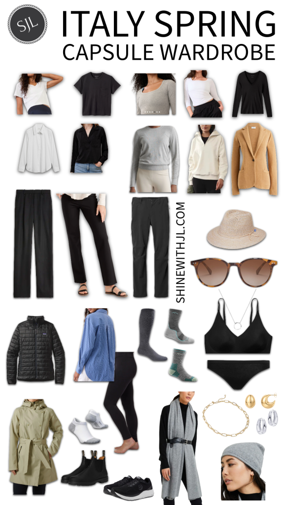 Italy spring capsule wardrobe with neutral tops, bottoms, jackets, shoes, accessories, and travel layers organized on a white background