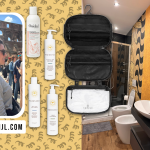 Curly hair products with toiletry bag and Italian bathroom with my 2c/3a curls in Rome