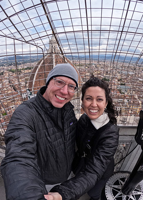 Giottos-Bell-Tower-Top-Windy-Day-Florence-ShinewithJL Top of Giotto's Bell Tower Windy Spring Day Wearing Approved Bag.
