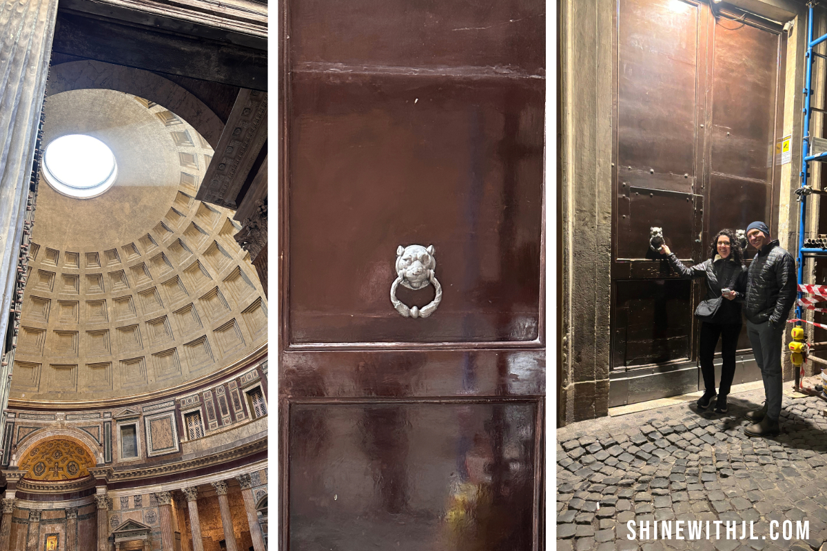 Image 1: Oculus inside the Pantheon in Rome, Italy Image 2: Door knocker at boutique hotel entrance in Rome near Pantheon Image 3: Shine with Jennifer Leigh entering boutique hotel in Rome after overnight flight