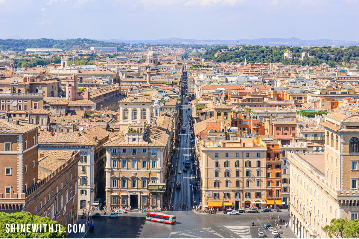 Via del Corso from above during golden hour in Rome, ideal for evening walk