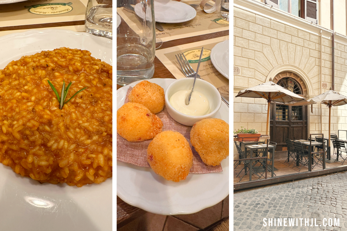 image 1: Lamb ragu risotto at Risotteria Melotti Roma gluten-free restaurant image 2: Arancini with dipping sauce at Risotteria Melotti Roma in Rome image 3: Outdoor dining setup at gluten-free restaurant near Piazza Navona