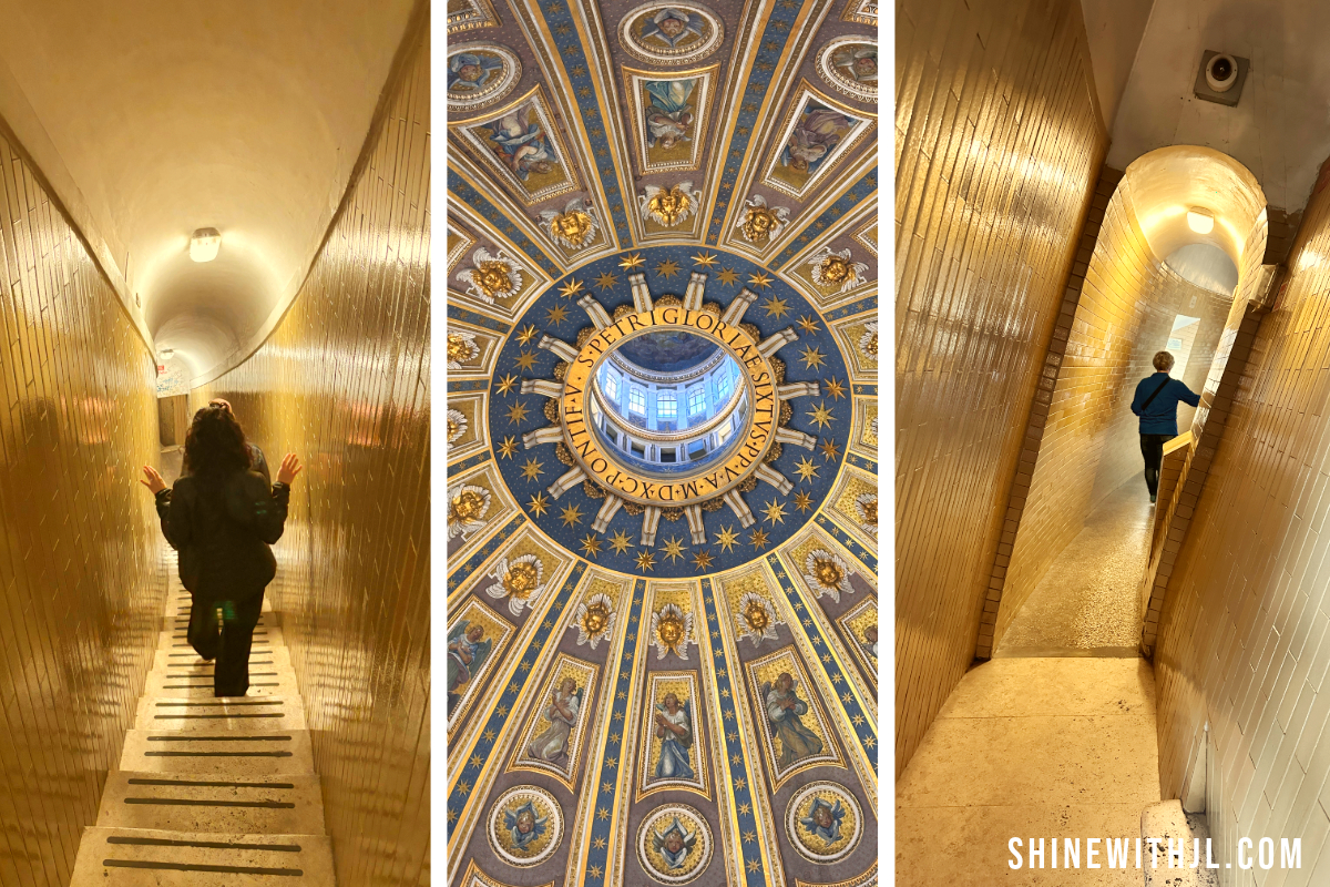 Interior view of the St. Peter’s Dome climb showing narrow spiral staircase and mosaic ceiling inside the Vatican