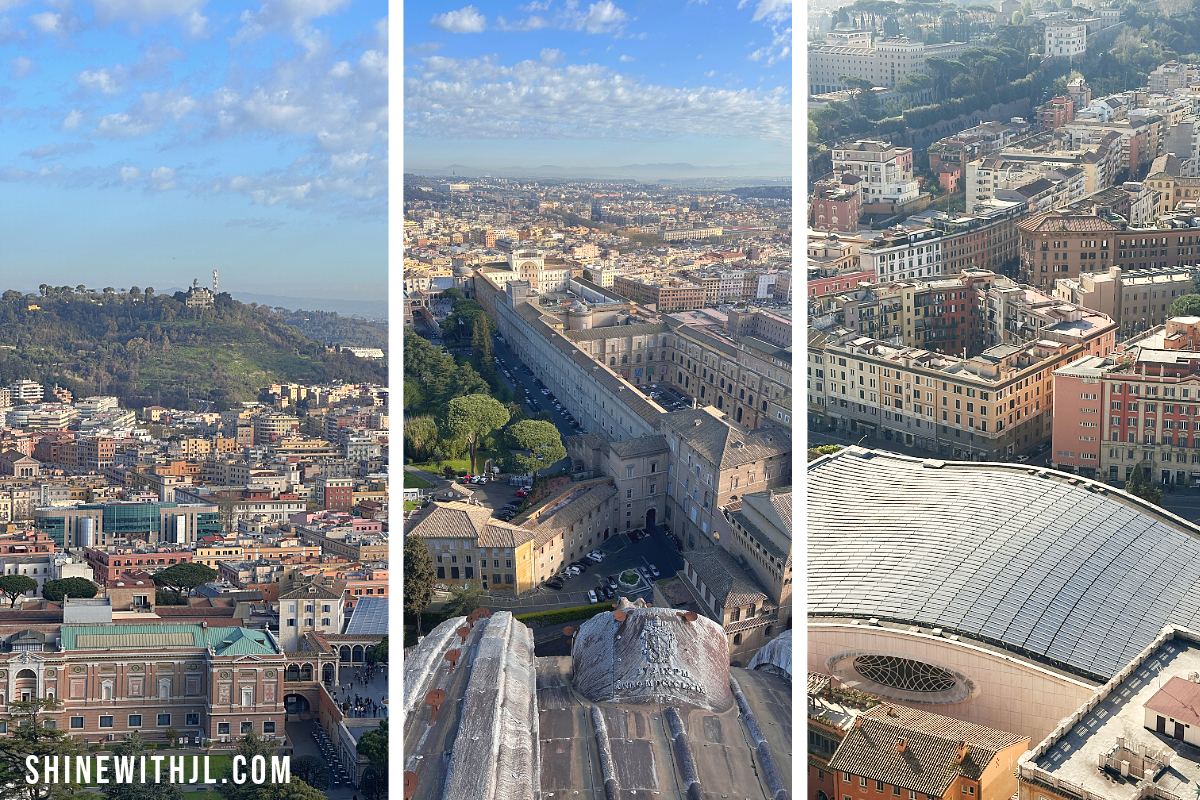 Panoramic view from the top of St. Peter’s Dome overlooking Vatican City and the rooftops of Rome at sunrise