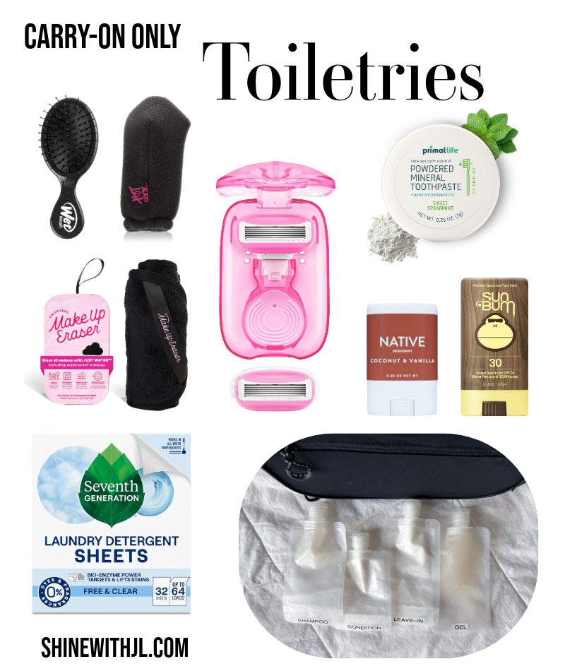 Solid toiletries and TSA-approved items packed inside carry-on luggage for Italy travel