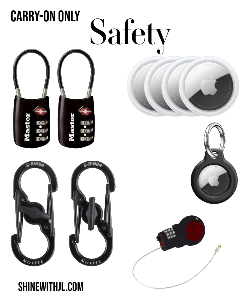 Essential safety gear for carry-on luggage for Italy, including TSA locks, Apple AirTags, S-Biner carabiners, and travel cable lock