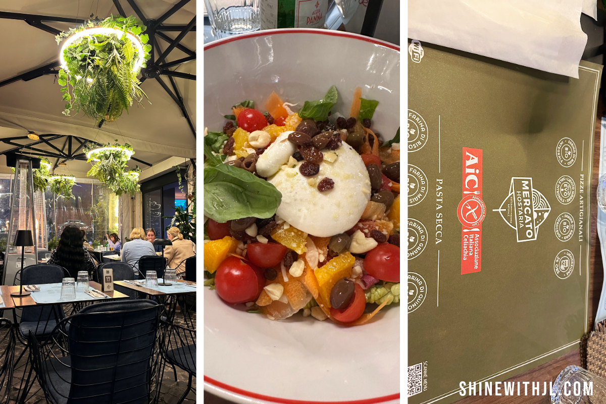 Ancient Rome Itinerary-Gluten Free Restaurant Mercato Hostaria Inside Mercato Hostaria's outside dining tent followed by burrata salad and the AIC symbol for Celiac Safe dining