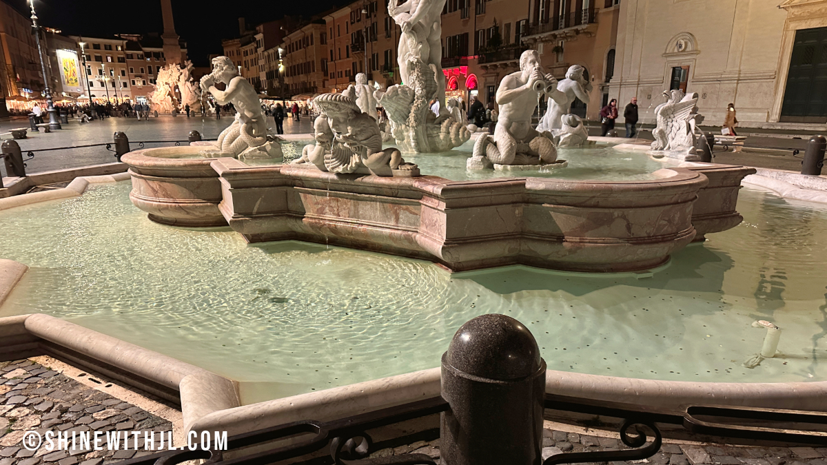 Ancient Rome Itinerary-Rick Steves Rome Night Walk Piazza Novana Piazza Novana at night as we walked Rick Steves Rome After Dark tour.