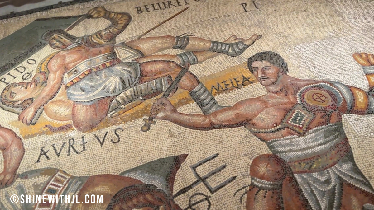 Ancient Roman floor mosaic of gladiators at Borghese Gallery