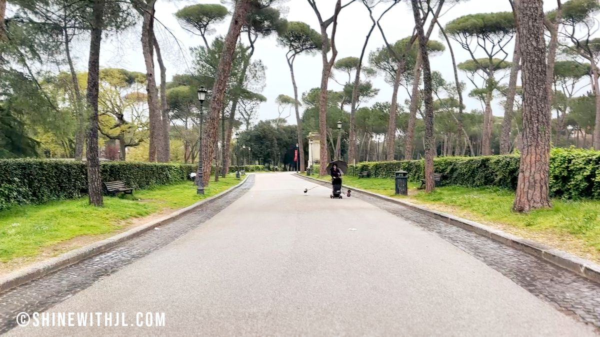 Borghese Gallery, Trevi Fountain, and Spanish Steps Rome Itinerary-Villa Borghese Park Spring Rome Pathway in Villa Borghese Park on a rainy spring day