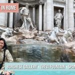 Couple at the Trevi Fountain in Rome on a rainy spring morning, with text overlay about Borghese Gallery and Spanish Steps itinerary