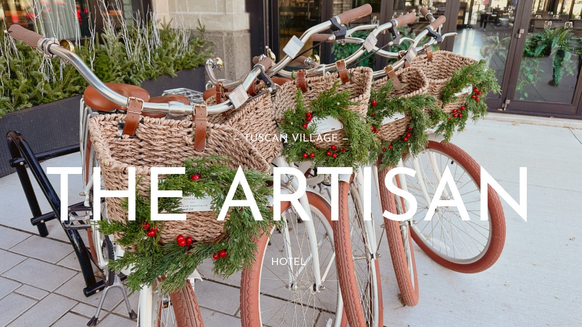 tuscan village salem nh-Christmas Decorations Complimentary bikes with baskets decorated with Christmas wreaths at The Artisan at the Tuscan Village Salem New Hampshire