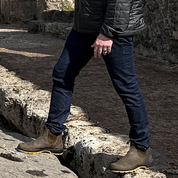 Mack Weldon jeans for exploring in rocky Pompeii, Italy.