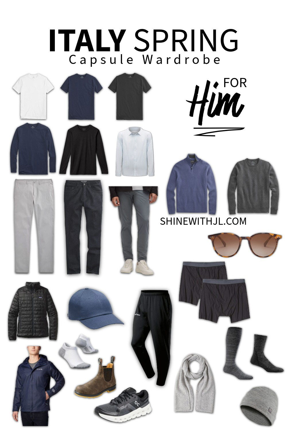 Pinterest graphic showing men’s Italy spring capsule wardrobe with tops, bottoms, shoes, and layers for April travel.