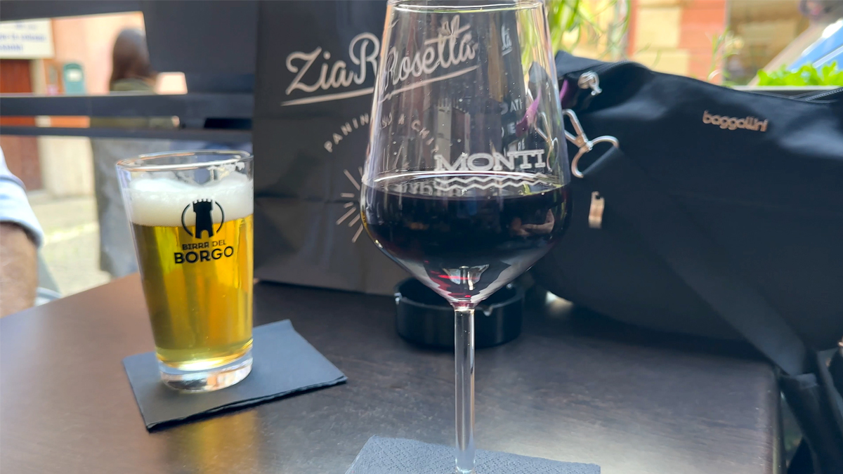 An afternoon glass of wine with outdoor seating in the Monti District by the Colosseum.