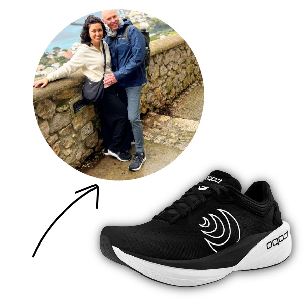 Topo Atmos sneakers worn for a rainy Capri day trip in March with lots of walking and slippery stone steps.
