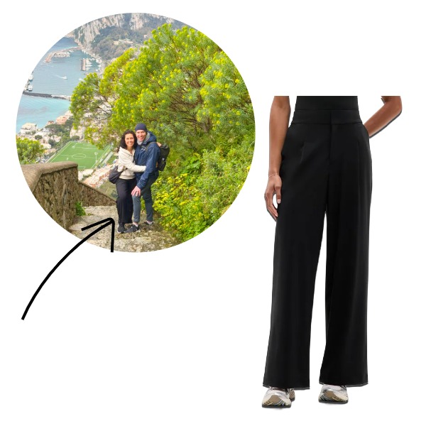 Black wide-leg wrinkle-resistant travel pants worn for Capri in March for comfort in cool rainy weather.