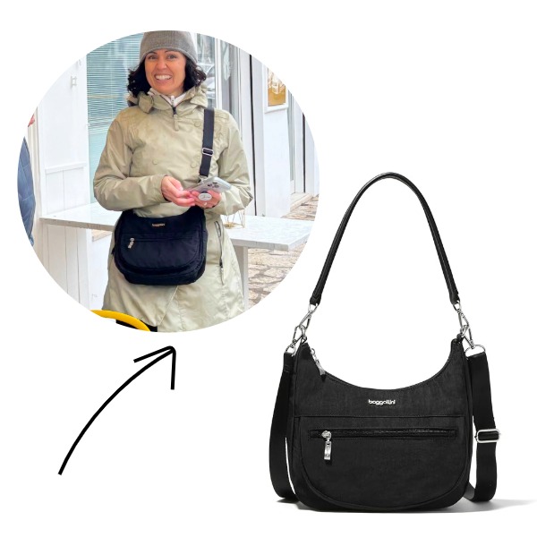 Baggallini crossbody purse and a packable Osprey daypack used for a Capri day trip for essentials and extra layers.