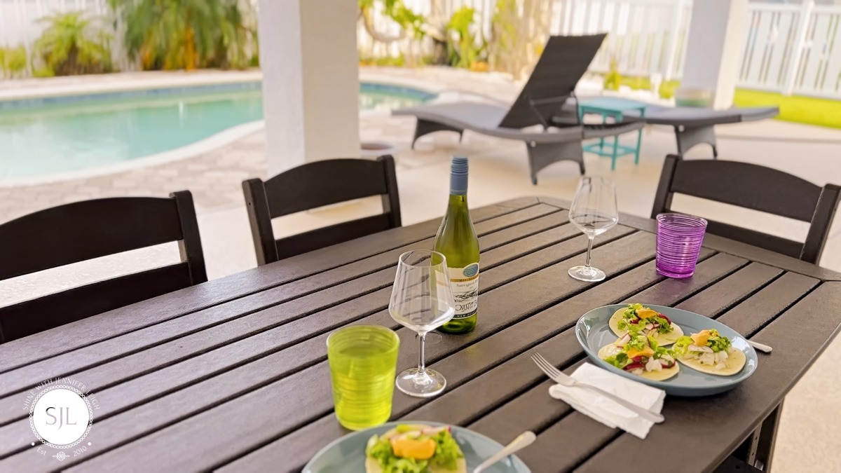 Outdoor Dining Sunset Anna Maria Island Rental Outdoor dining area at sunset at an Anna Maria Island beach rental