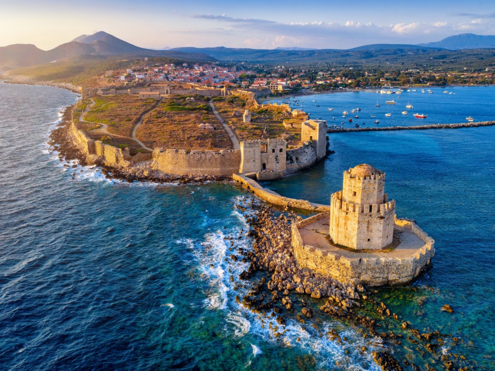 Methoni Castle and Bourtzi in the Peloponnese, a romantic Greece destination for couples