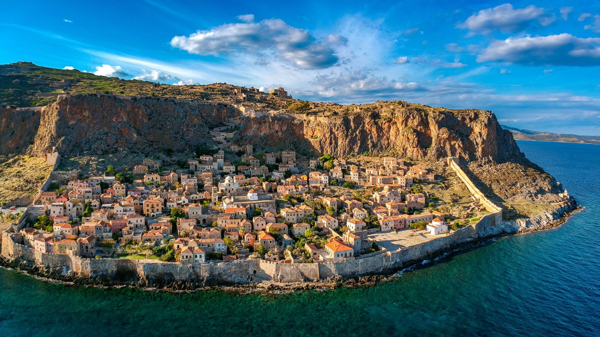 Monemvasia Greece Spring Packing List Aerial view of Monemvasia Greece for a spring Greece packing list for women