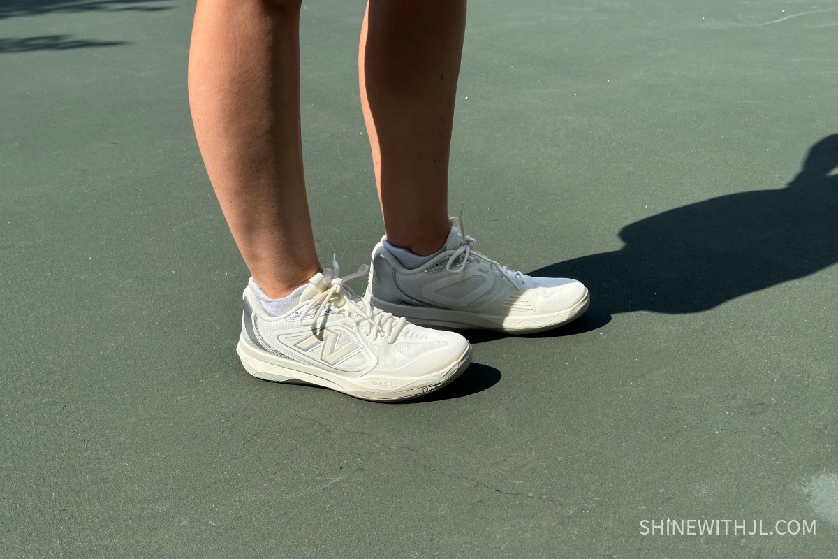New Balance FuelCell 796 V5 Women's Pickleball Shoe Test New Balance FuelCell 796 V5 women's court shoes worn on an outdoor pickleball court