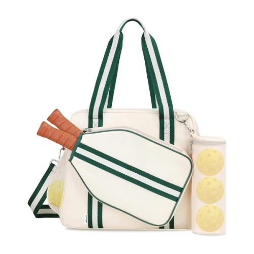 Striped Pickleball Tote Bag White and green striped pickleball tote bag with paddle and ball storage