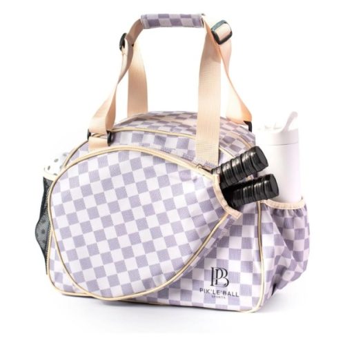 PIK'LE'BALL Women's Pickleball Bag Purple checkered women's pickleball bag with paddle and bottle storage