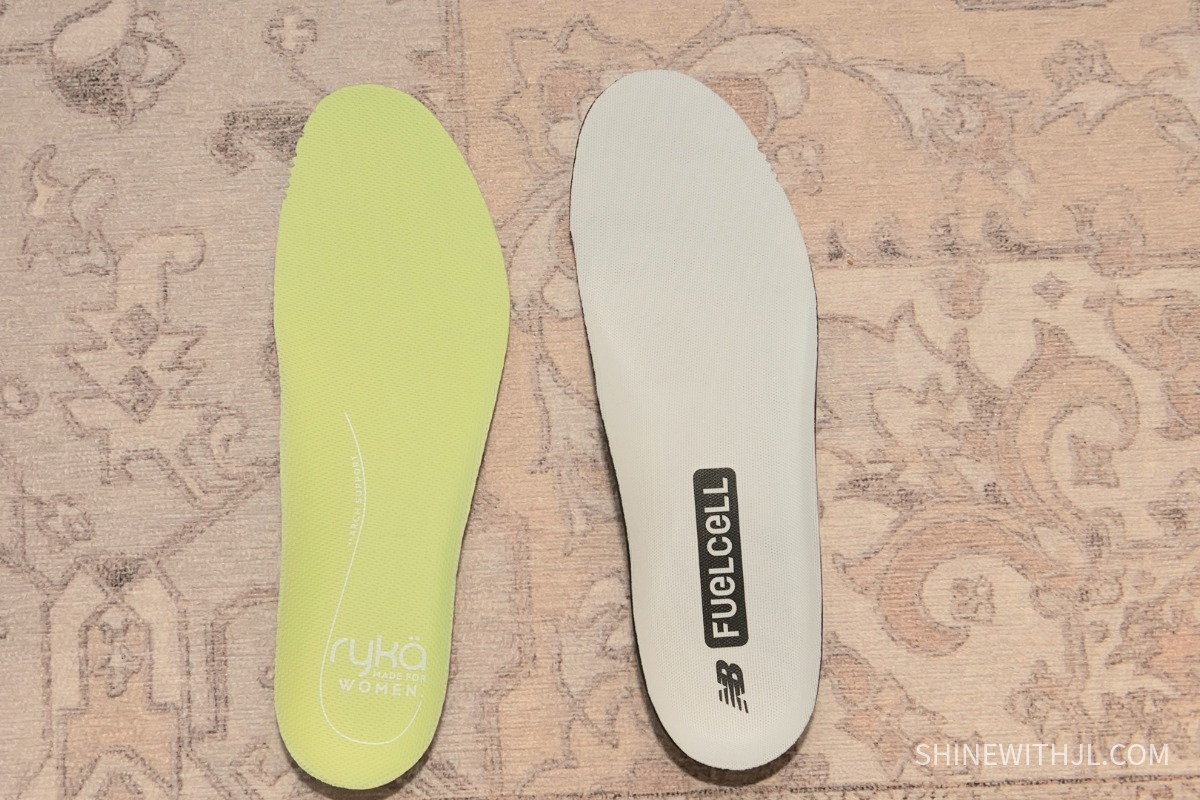 New Balance and Ryka Factory Insole Comparison Original removable insoles from the New Balance FuelCell 796 V5 and Ryka Court Agility