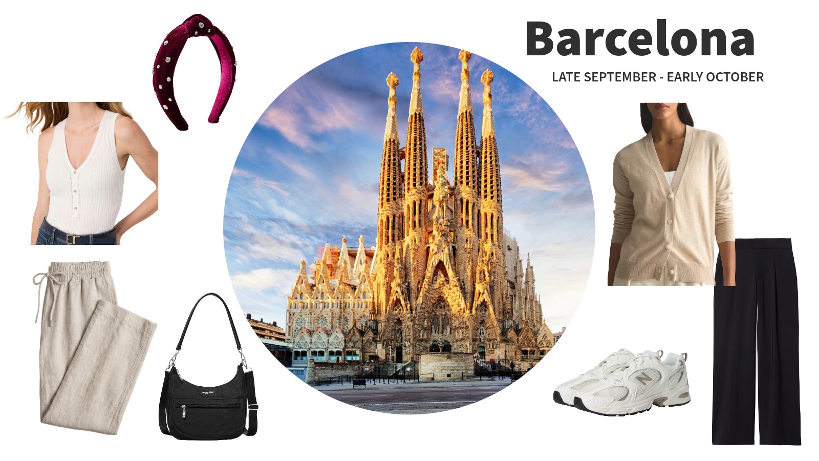 Barcelona October Packing List for Women Barcelona October packing list for women with linen pants, cream tops, black trousers, New Balance sneakers and travel accessories