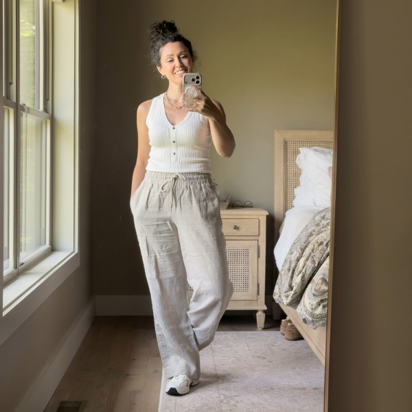 WHBM Cream Ribbed Button-Front Tank White House Black Market cream ribbed button-front tank styled with Quince wide leg linen pants and cream sneakers
