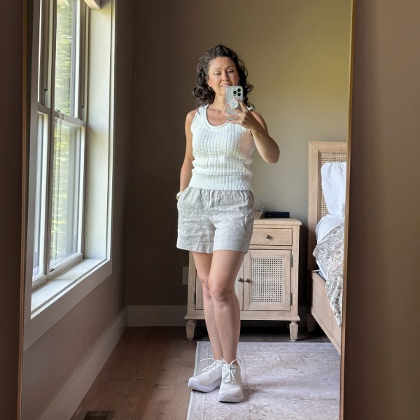 Quince Ivory Textured Cotton Sweater Tank Quince ivory textured cotton sweater tank styled with flax linen shorts and cream sneakers