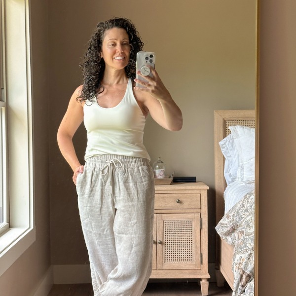 Cream Fitted Tank for Barcelona Cream fitted tank styled with wide leg linen trousers and curly hair