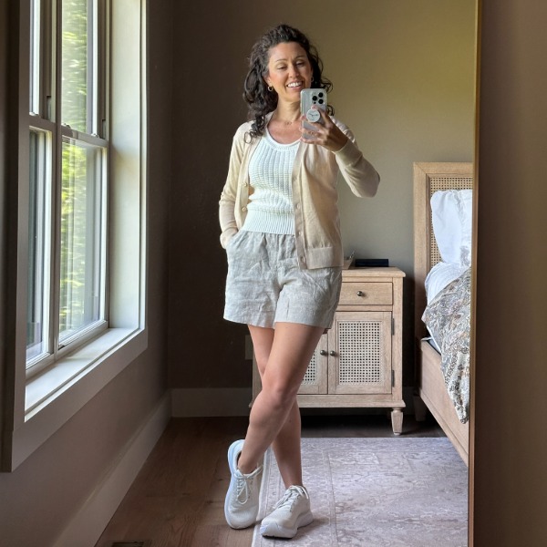 Quince Flax Linen Shorts Quince flax linen shorts styled for warm-weather sightseeing in Barcelona