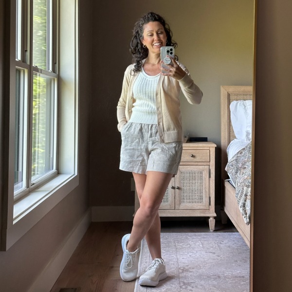 Oatmeal Lightweight Cardigan for Barcelona Oatmeal lightweight cardigan styled with an ivory tank, flax linen shorts, and cream sneakers