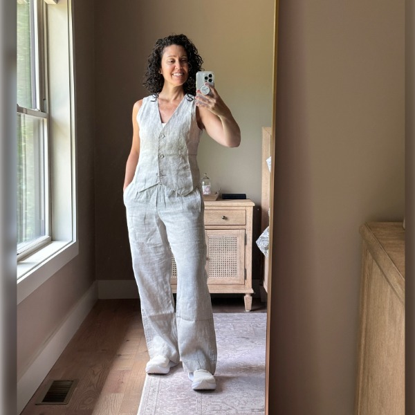Topo Athletic Atmos 2 with Flax Linen Outfit Topo Athletic Atmos 2 sneakers styled with flax linen pants and matching linen vest