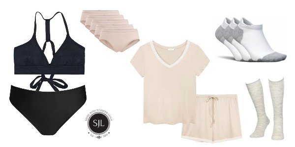 Barcelona Swimwear Underwear and Sleepwear Packing Essentials Barcelona packing essentials with a black swimsuit, merino underwear, lightweight sleepwear, no-show socks and knee-high compression socks