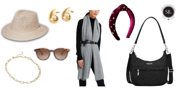 Barcelona Travel Bag and Accessories Barcelona travel accessories with a packable sun hat, gold jewelry, sunglasses, grey cashmere wrap, burgundy headband and black Baggallini crossbody